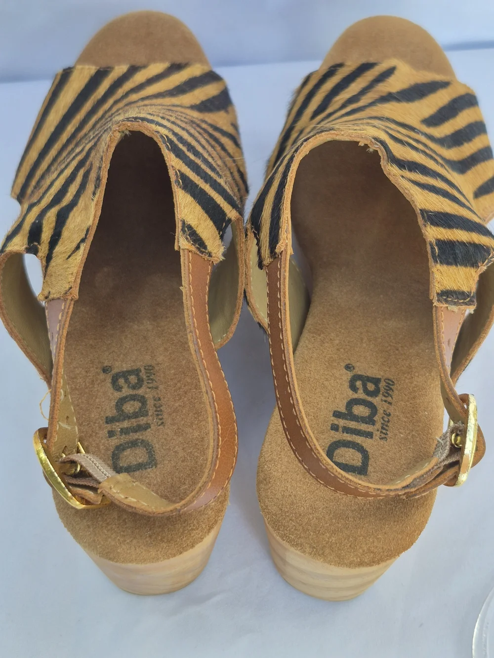 DIBA Zebra Print Leather Cow Fur Women's Wedge Heel Sandals Size 7.5